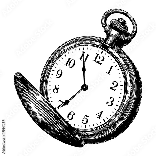 Antique Pocket Watch Black and White Outline Line Art Drawing with Open Cover Detail
