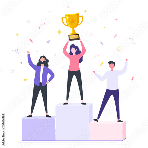 Winners with golden trophy cup award, People standing on the podium rank, Triumph reward, Symbol of victory, Business goal concept, Winning business concept flat vector illustration.