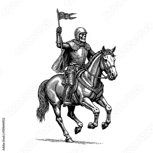 Skeleton Knight Riding Horse with Flag in Detailed Black and White Outline Line Art Drawing