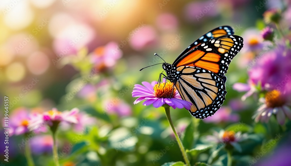 Orange and Black Butterfly on Pink Flower in a Sunlit Garden Orange and Black Butterfly on Pink Flower in a Sunlit Garden