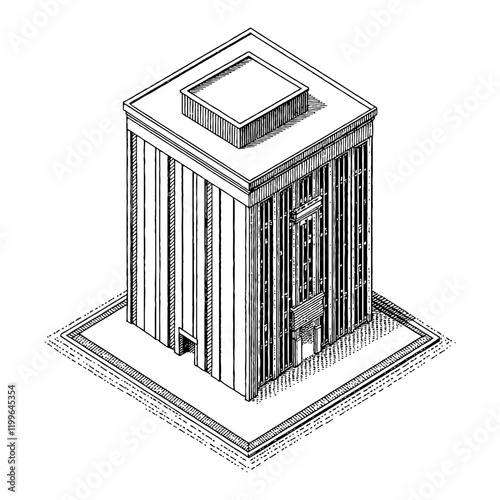 Isometric View of a Skyscraper with a Rectangular Top Black and White Outline Line Art Drawing