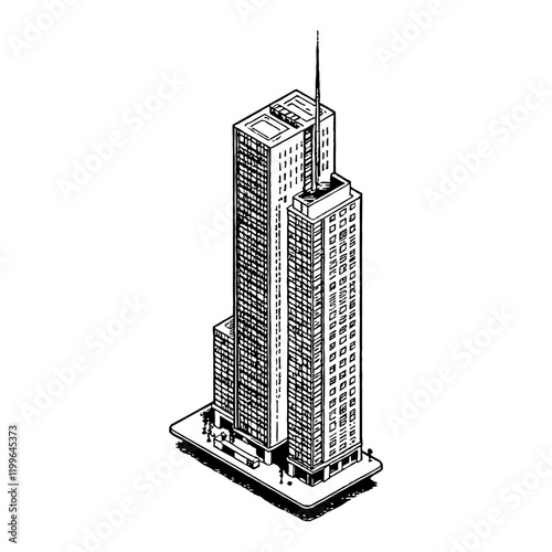 Isometric View Skyscraper Black and White Outline Line Art Drawing of a Building with Simple Detail