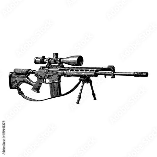 Sniper Rifle with Scope in Detailed Black and White Outline Line Art Drawing Isolated on White