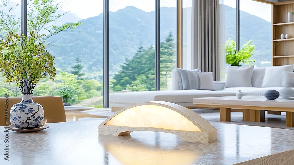 Fototapeta premium Modern Wooden Table Lamp Mountain View Living Room