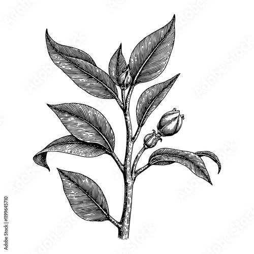 Tea Plant Branch with Leaves and Buds Black and White Outline Line Art Drawing