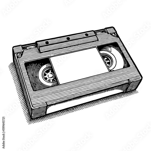 Vintage Video Tape with Blank Label in Black and White Outline Line Art Drawing