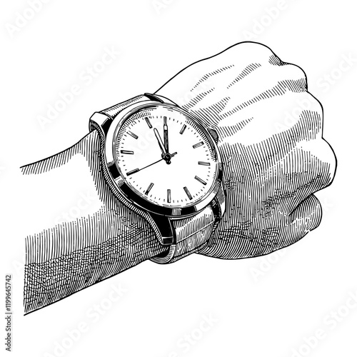 Hand with Wristwatch Timepiece Detailed Black and White Outline Line Art Drawing