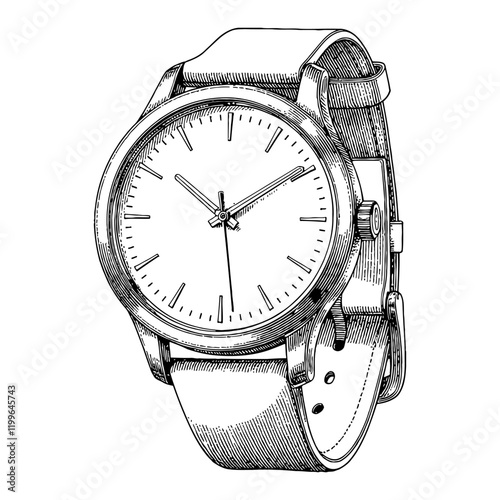 A Classic Wristwatch Close Up View Black and White Outline Line Art Drawing