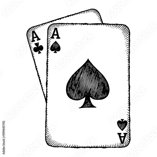Two Ace Poker Cards With Spade Heart Suits Black and White Outline Line Art Drawing