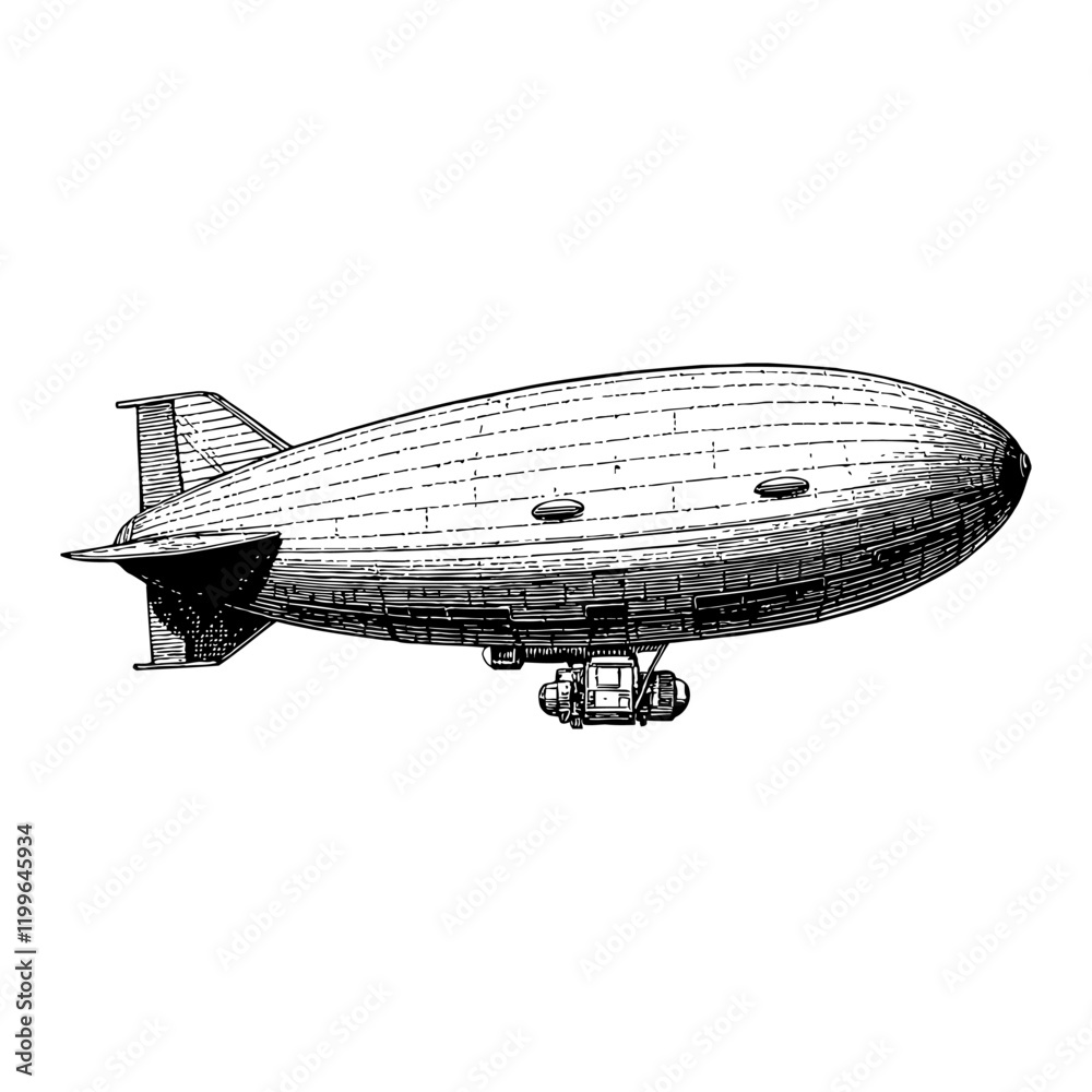 Fototapeta premium Airship Zeppelin Dirigible Vintage Style Black and White Outline Line Art Drawing Side View