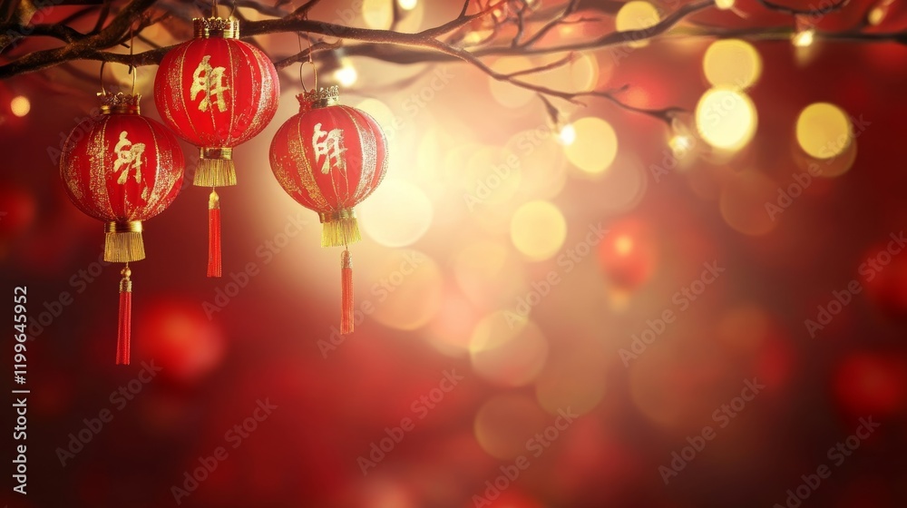 Chinese New Years, Three red lanterns hanging from a tree branch