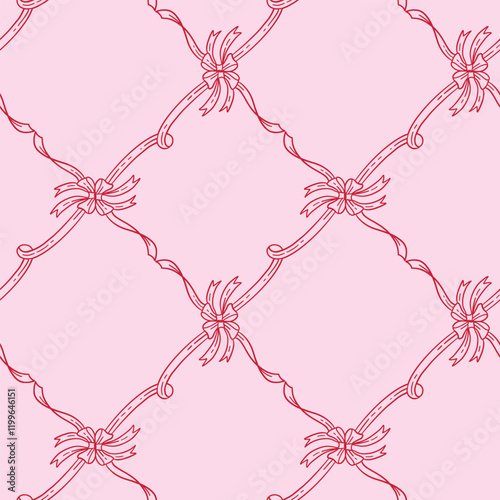 Seamless pattern with satin bow knots, gift ribbons in checkered composition. Trendy hair braiding accessory style. Hand drawn linear vector illustration. Valentine s day coquette background.