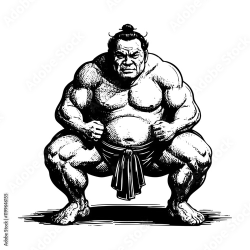 sumo athlete engraving sketch engraving black and white outline. Scratch board imitation.  illustrated in vintage line art style on a white background.
