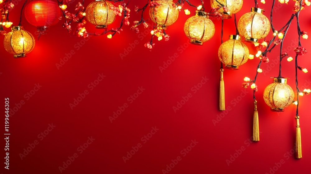 Chinese New Years, A red background with a row of lanterns hanging from the ceiling Chinese New Years, A red background with a row of lanterns hanging from the ceiling