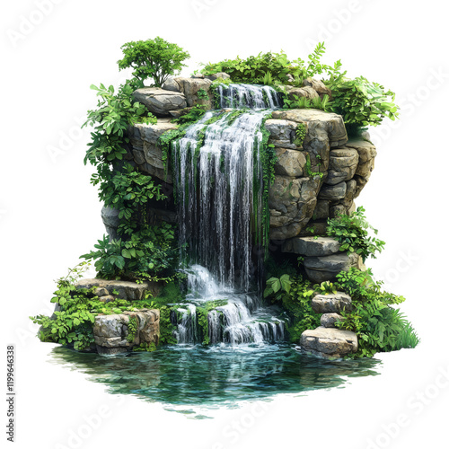 Serene Waterfall Surrounded by Lush Greenery Isolated on transparent background