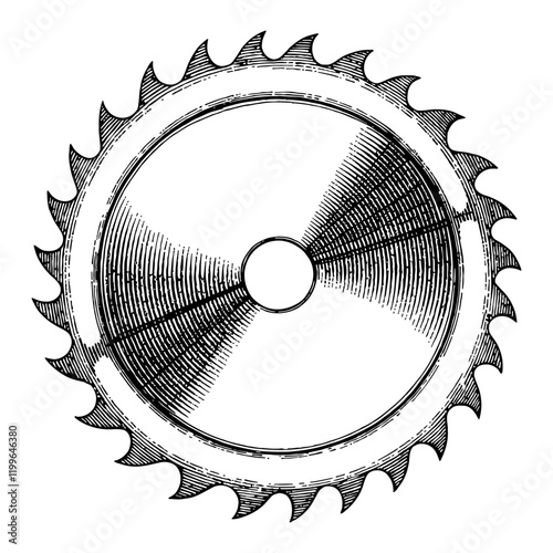 Circular Saw Blade Detailed Black and White Outline Line Art Drawing with Sharp Teeth Engrave