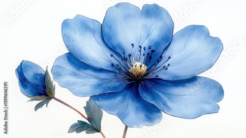Close-up of a single, delicate blue flower with a bud and stem, isolated on a white background.