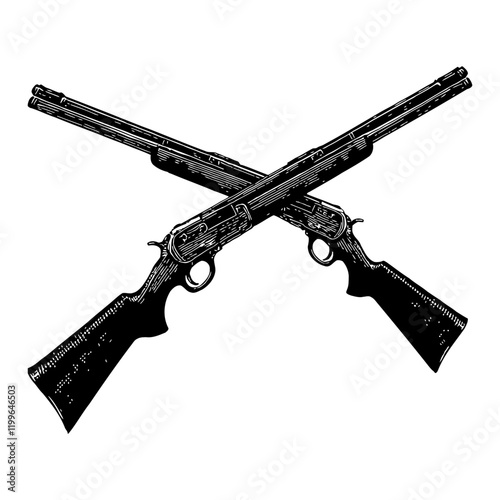 Two Crossed Shotguns in Detailed Black and White Outline Line Art Drawing Engraving Style