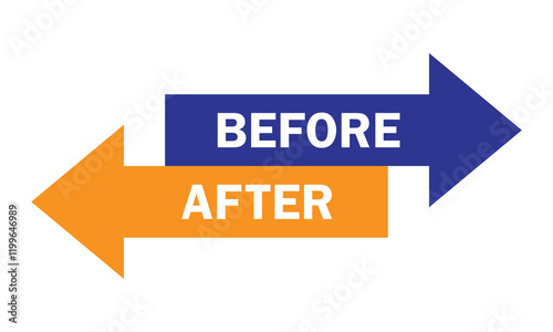 Before and after icon. Set of labels showing left, right arrows symbol isolated on white background. Before and after vector icon in blue and yellow filled colourful graphic design.