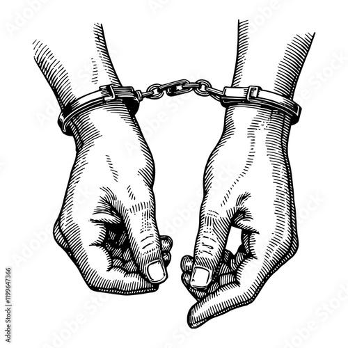 Hands in Handcuffs Detailed Black and White Outline Line Art Drawing with Crosshatching