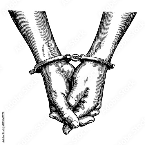Hands in Handcuffs Detailed Black and White Outline Line Art Drawing Isolated on White Background