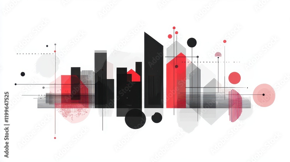Obraz premium A geometric bar chart, minimalist infographic, abstract shapes, black and red palette, isolated on white background