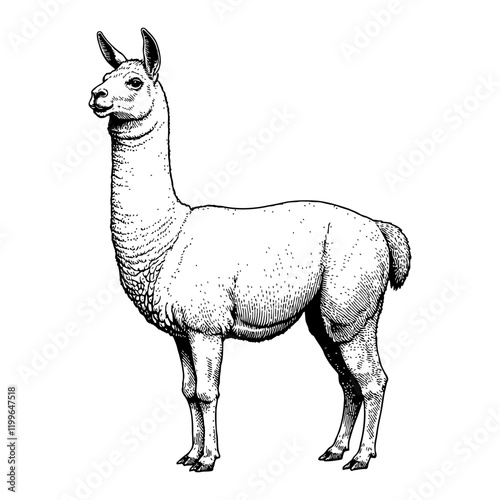 Standing Llama Full Body Detailed Black and White Outline Line Art Drawing Viewed from Side