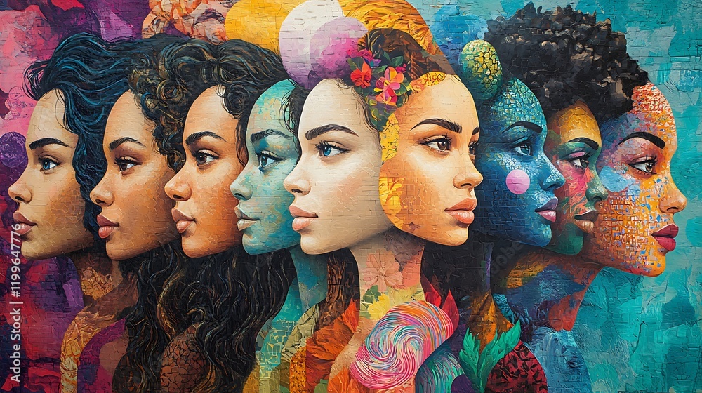 Fototapeta premium Celebrating diversity colorful portraits of women urban art gallery vibrant