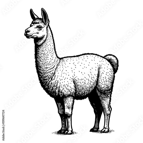 Llama Standing Up with Detailed Fur Texture Black and White Outline Line Art Drawing