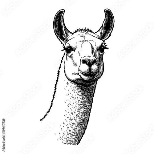 Llama Head Front Portrait Detailed Black and White Outline Line Art Drawing Isolated