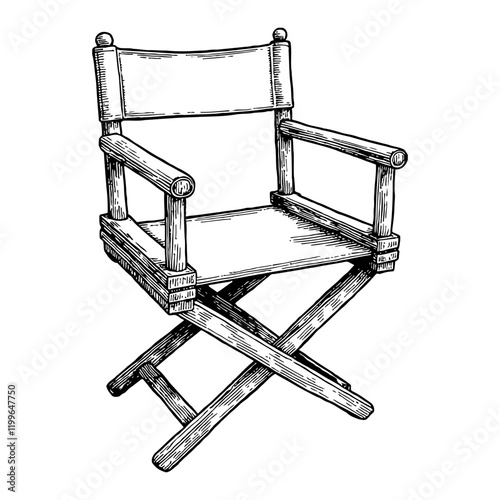 Movie Director Chair Detailed Wood Black and White Outline Line Art Drawing Isolated on White Background