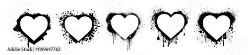Love graffiti heart frame set, vector romantic Valentine day ink spray border, dark grunge splash. Street art urban dripped spot, black outline stain shape design, airy liquid texture. Love graffiti