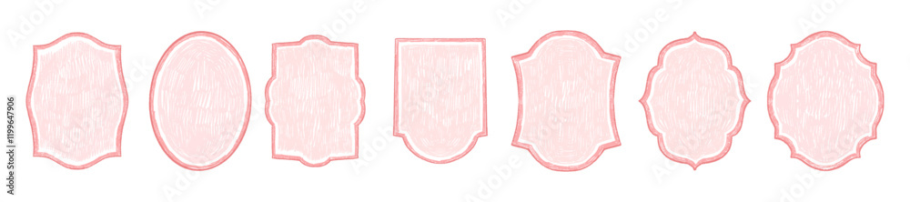 Pink scribble frame set, vector pencil doodle border design, romantic cute hand drawn wedding kit. Wax crayon hatched texture shield, abstract geometric grunge shape elements. Vintage scribble frame