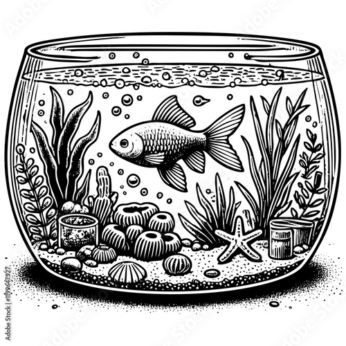 gold fish swim on fishbowl sketch engraving black and white outline. Scratch board imitation.  illustrated in vintage line art style on a white background.
