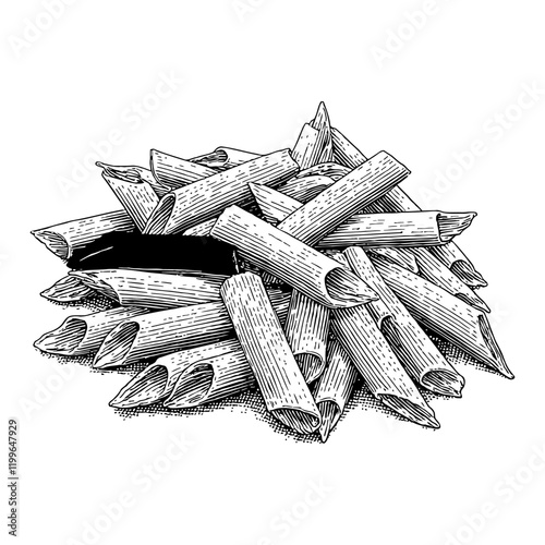 Pile of Penne Rigate Pasta Detailed Black and White Outline Line Art Drawing