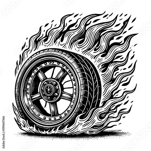 wheel burning on fire sketch engraving black and white outline. Scratch board imitation.  illustrated in vintage line art style on a white background.
