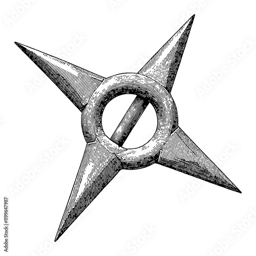 Shuriken Throwing Star Weapon in Detailed Black and White Outline Line Art Drawing