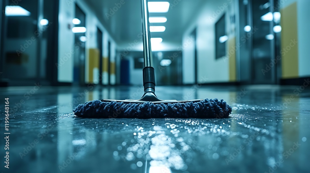 Cleaning action in office hallway maintenance task indoor environment low angle Cleaning action in office hallway maintenance task indoor environment low angle