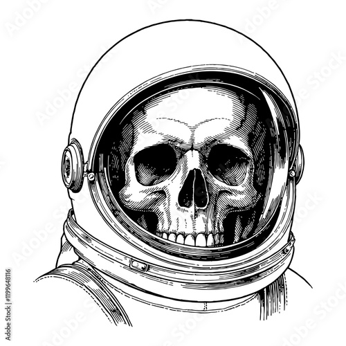 Detailed Skull Inside Astronaut Helmet Black and White Outline Line Art Drawing Graphic