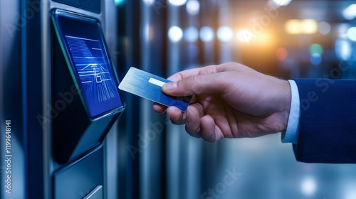 A hand using a card on a digital reader at a transport or access control system.
