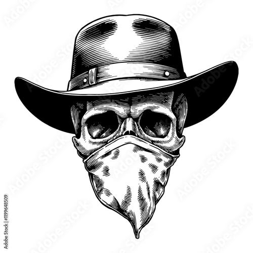 Skull with Bandana Mask and Cowboy Hat Detailed Black and White Outline Line Art Drawing