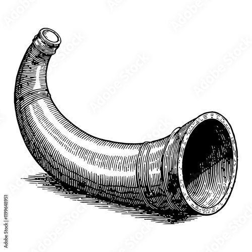 Drinking Horn Big Curve Shaped Black and White Outline Line Art Drawing with Detailed Engrave
