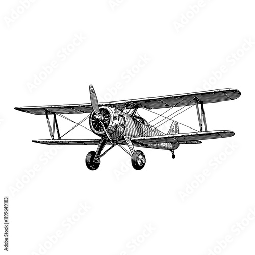 Biplane Plane Aircraft Flying in Detailed Black and White Outline Line Art Drawing