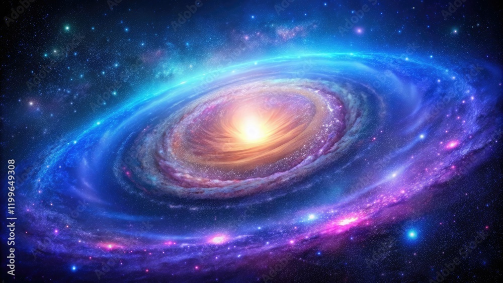 A vibrant spiral galaxy with bright blue and purple hues, surrounded by a halo of starlight, celestial, nebulae, planetary system, space A vibrant spiral galaxy with bright blue and purple hues, surrounded by a halo of starlight, celestial, nebulae, planetary system, space