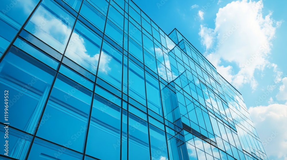 A modern glass building reflects the blue sky and clouds, showcasing contemporary architecture and design. A modern glass building reflects the blue sky and clouds, showcasing contemporary architecture and design.