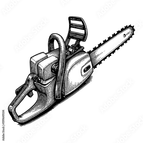 Chainsaw in Perspective View Detailed Black and White Outline Line Art Drawing