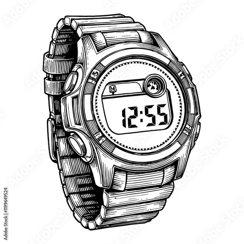 Detailed Digital Watch with Numbers Black and White Outline Line Art Drawing Timepiece Accessory