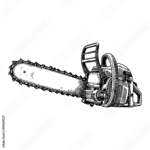 Chainsaw Side View in Detailed Black and White Outline Line Art Drawing Engraving Illustration