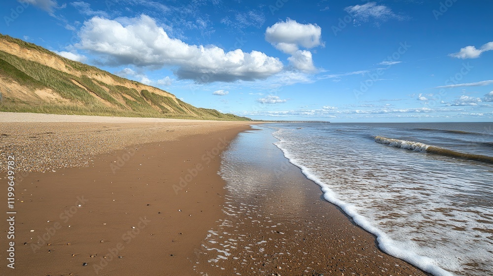Obraz premium Sandy beach meets grassy cliffs under a bright blue sky