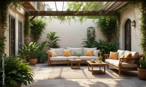 a warm and inviting summer patio with comfortable furniture and lush greenery, fresh air,